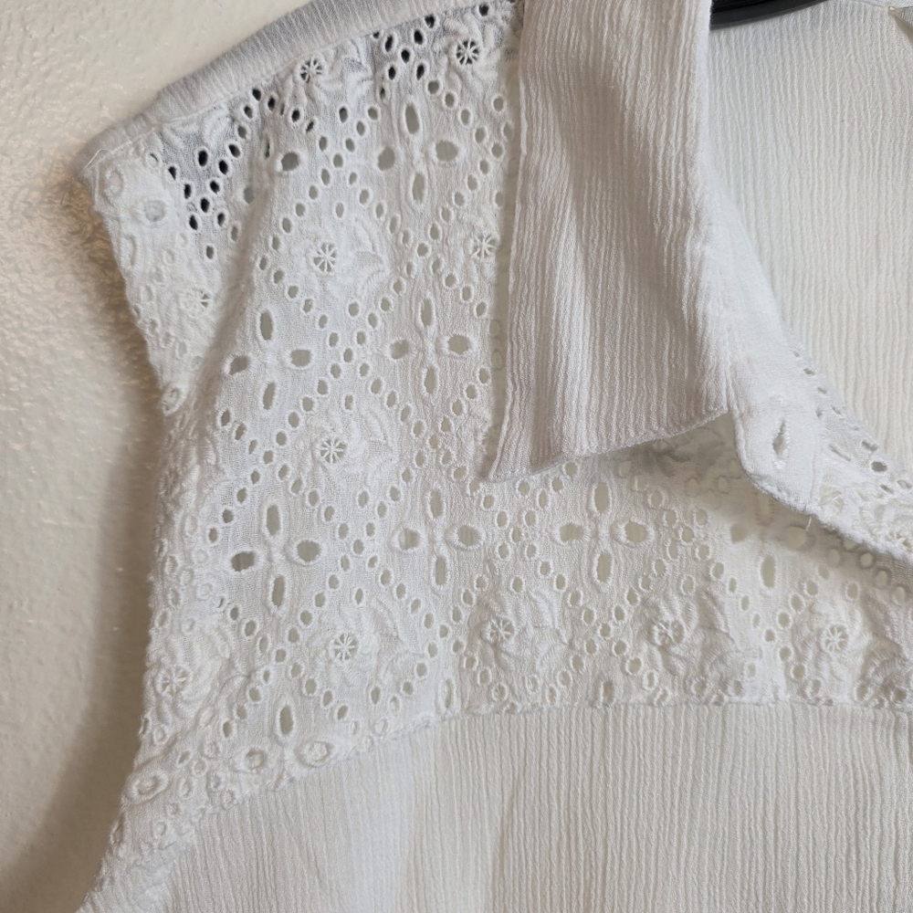 Lucky Brand Top Gauzy Eyelet Cutout Semi Sheer Button Down XLarge Shirt Boho - Picture 11 of 15
